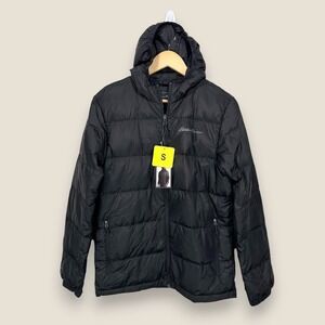 Eddie Bauer Wide Channel Hooded Down Jacket Men Small Black Full Zip Pockets